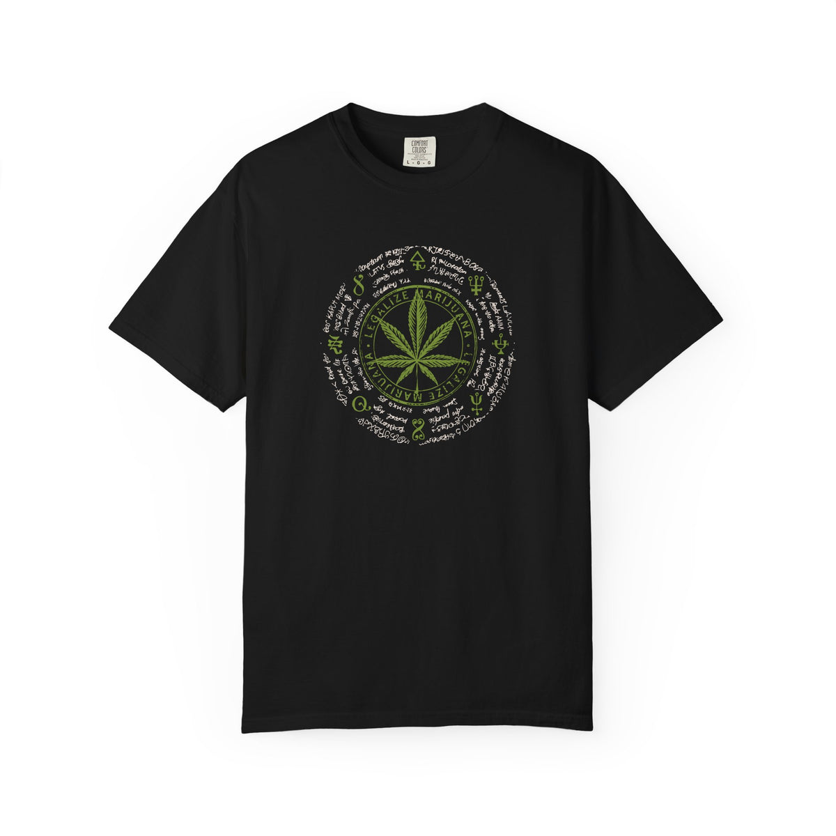 Black t-shirt with mountain graphic and text on a white background