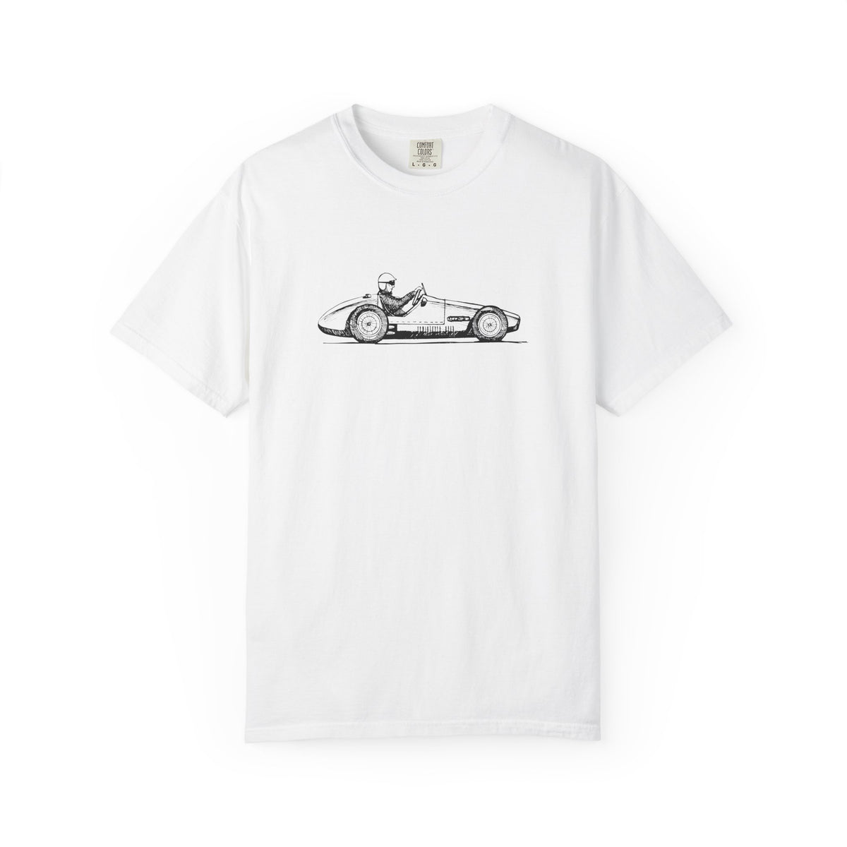 White vintage racing car graphic t-shirt