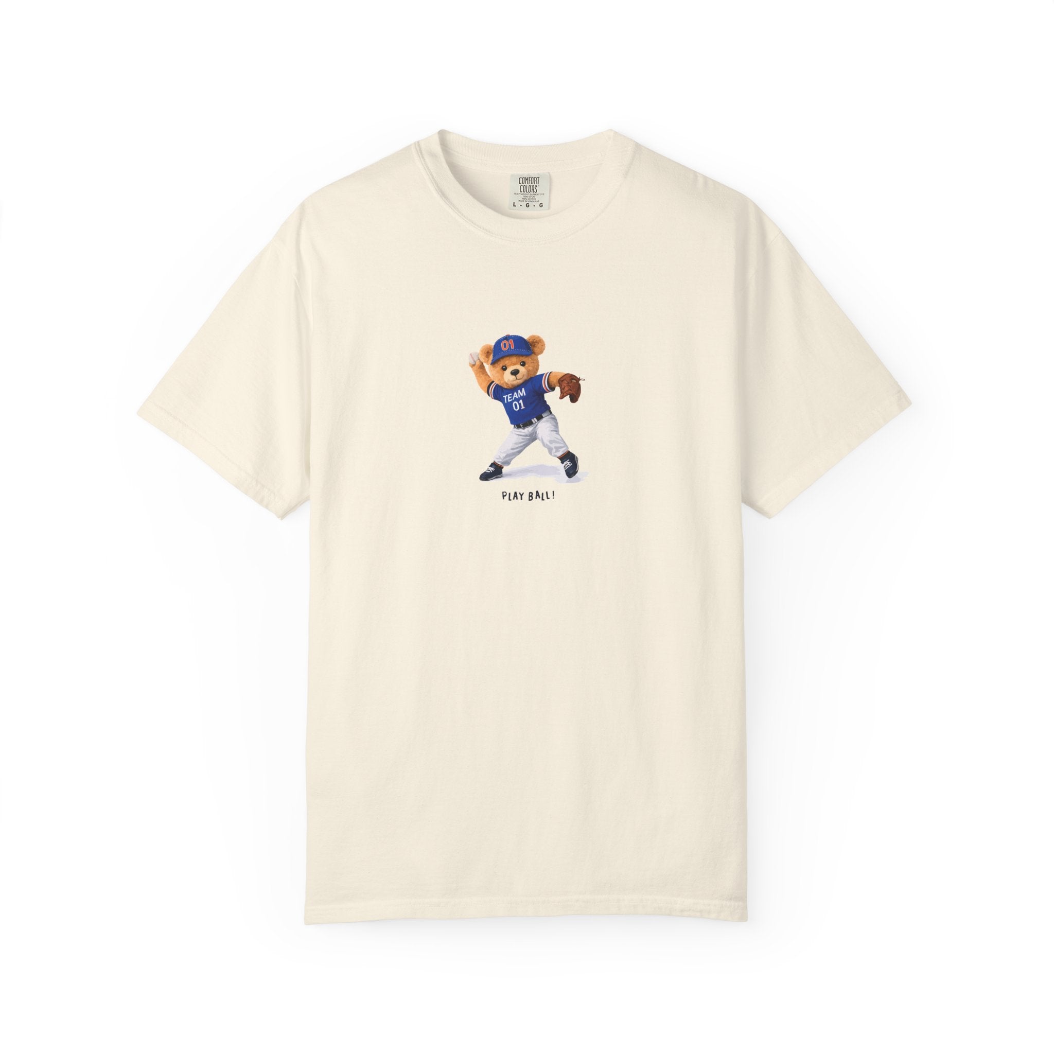 Beige baseball mascot pitcher graphic t-shirt