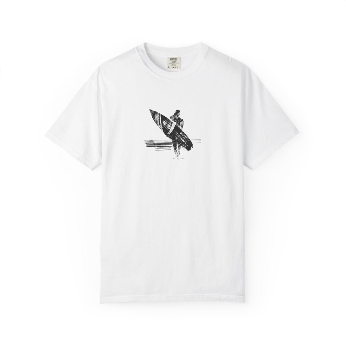 White surfboard rider graphic t-shirt