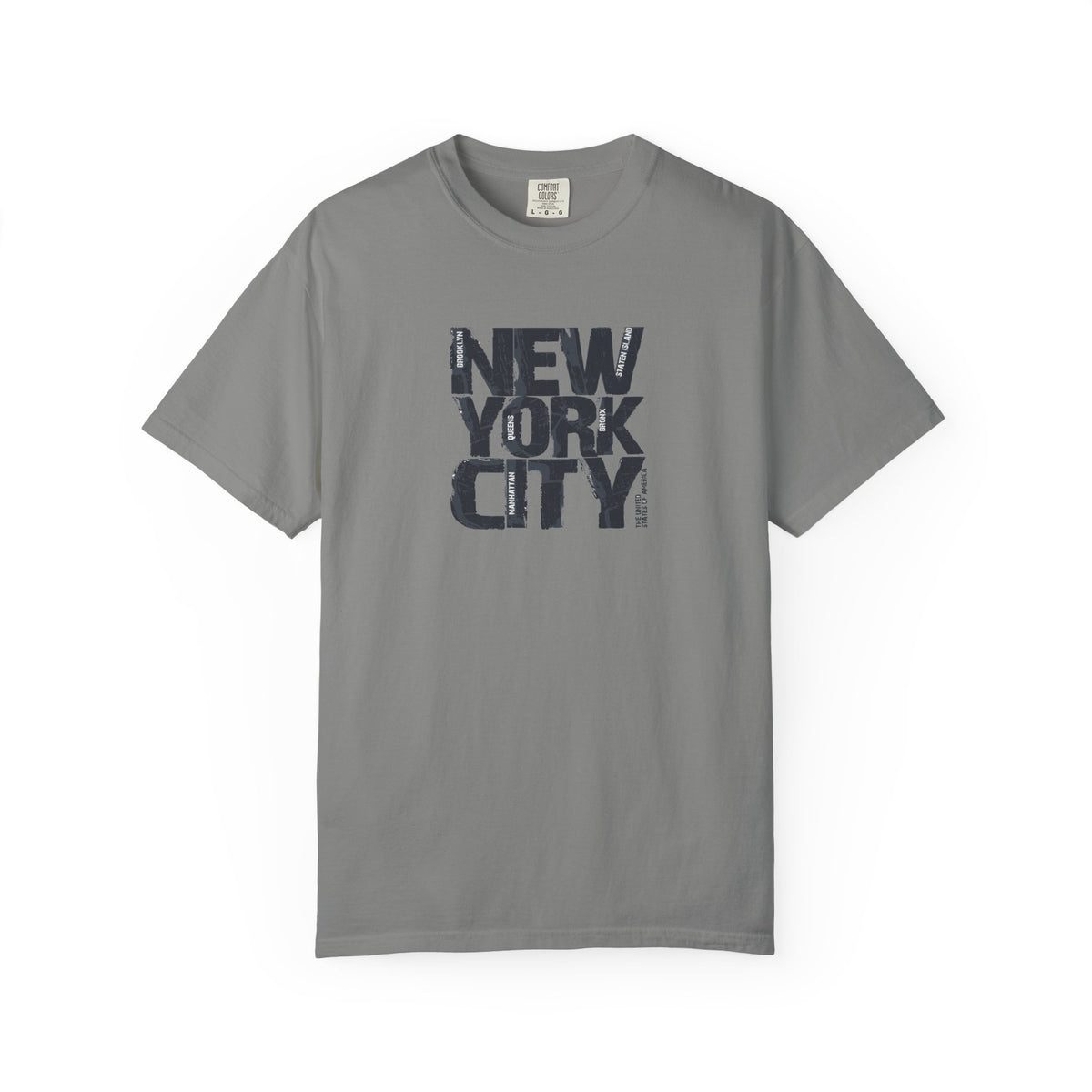 Gray t-shirt with 'New York City' text on a white background