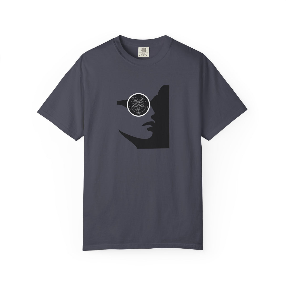 A dark gray crewneck t-shirt featuring a black graphic of a woman's profile with a pentagram symbol in her eye, displayed on a clean white background.