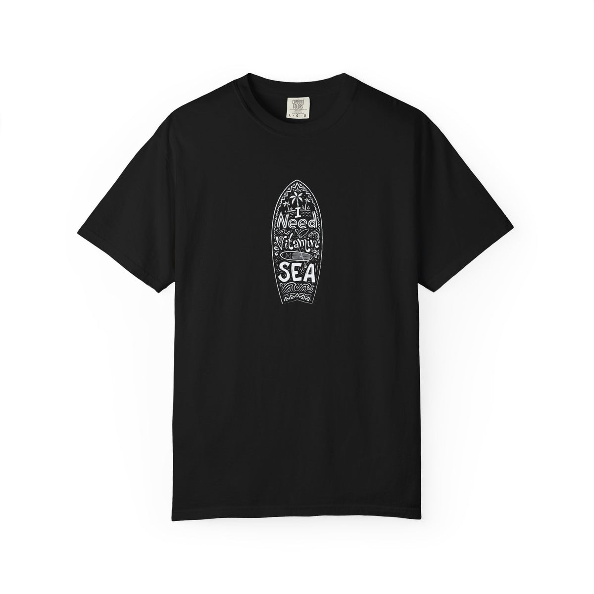 Black t-shirt with surf graphic and text on a white background