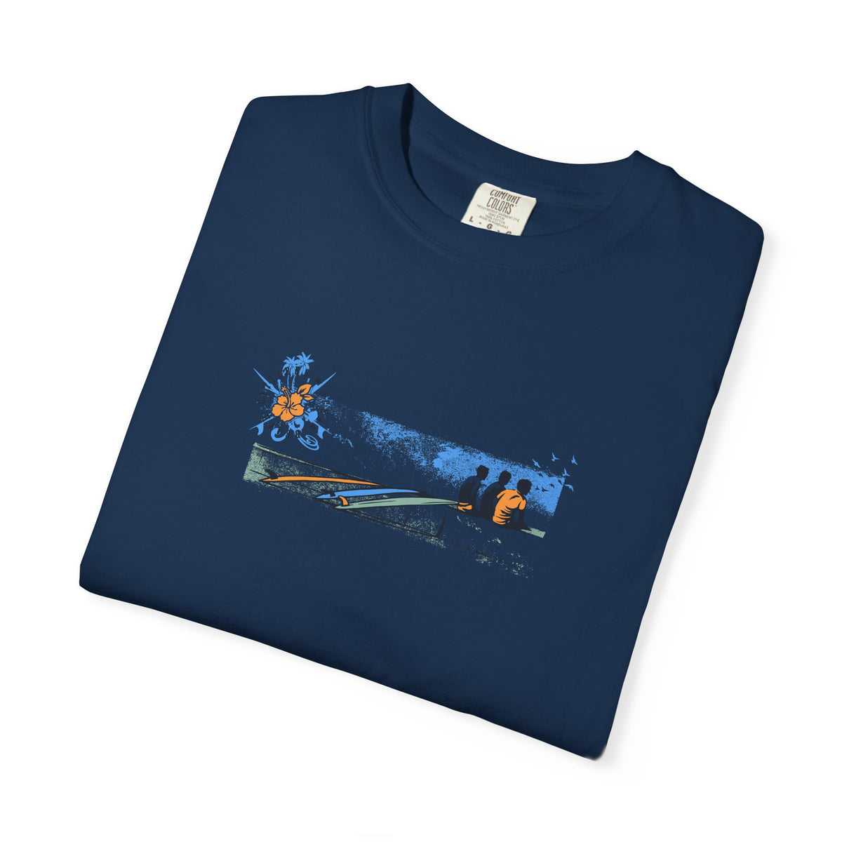 Folded navy blue surf scene graphic t-shirt