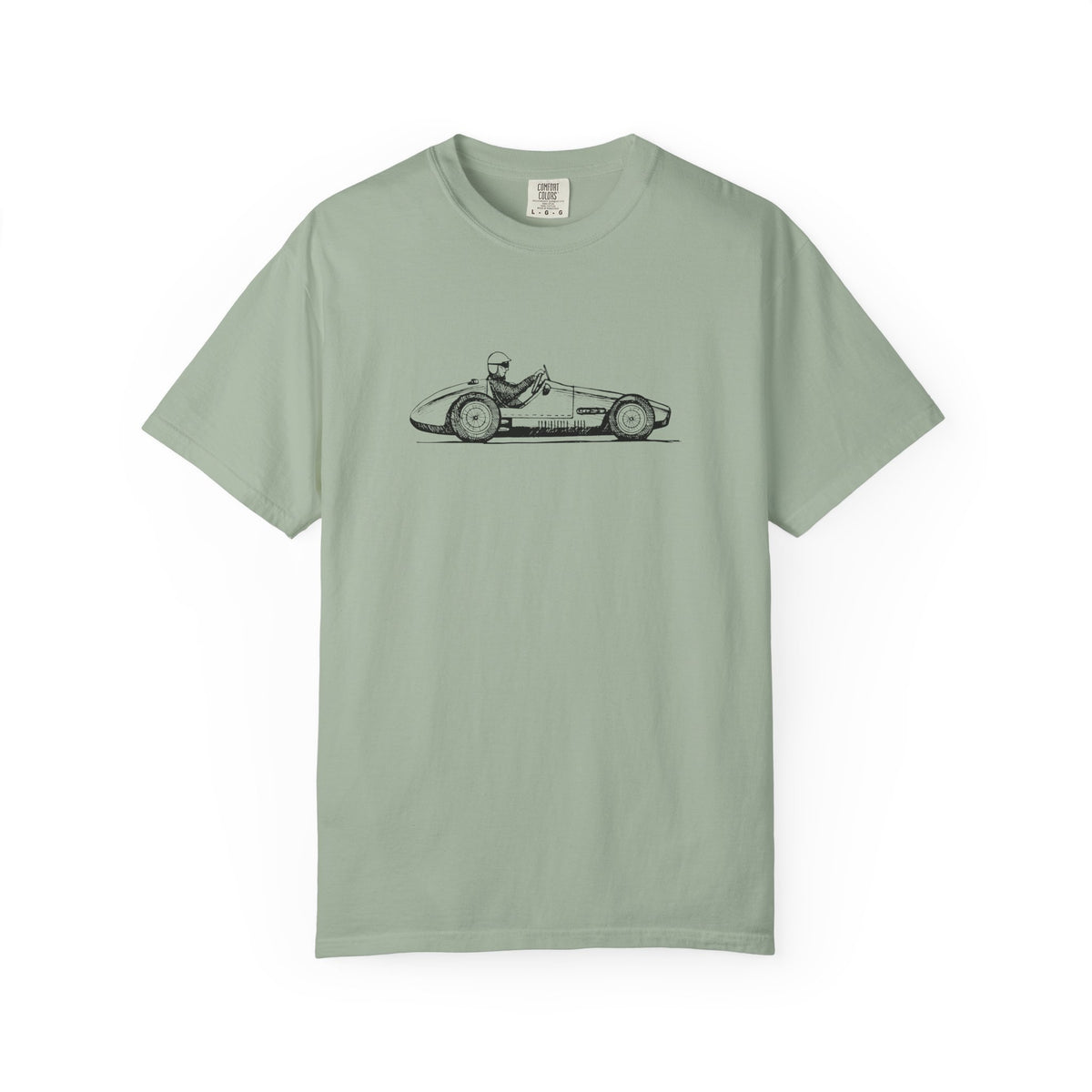 Beige vintage racing car graphic t-shirt