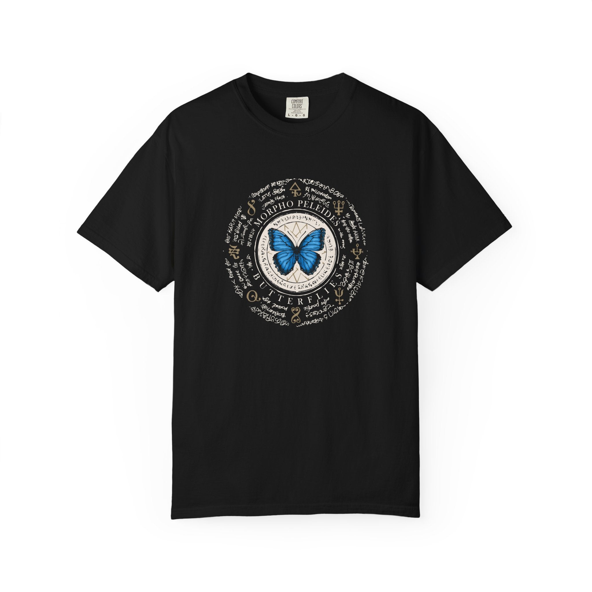 Black t-shirt with mountain graphic and text on a white background