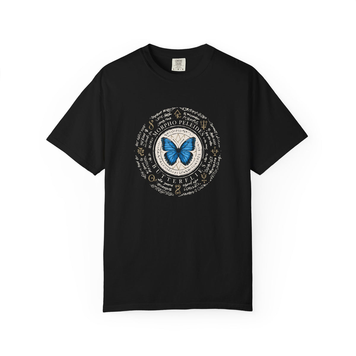Black t-shirt with mountain graphic and text on a white background