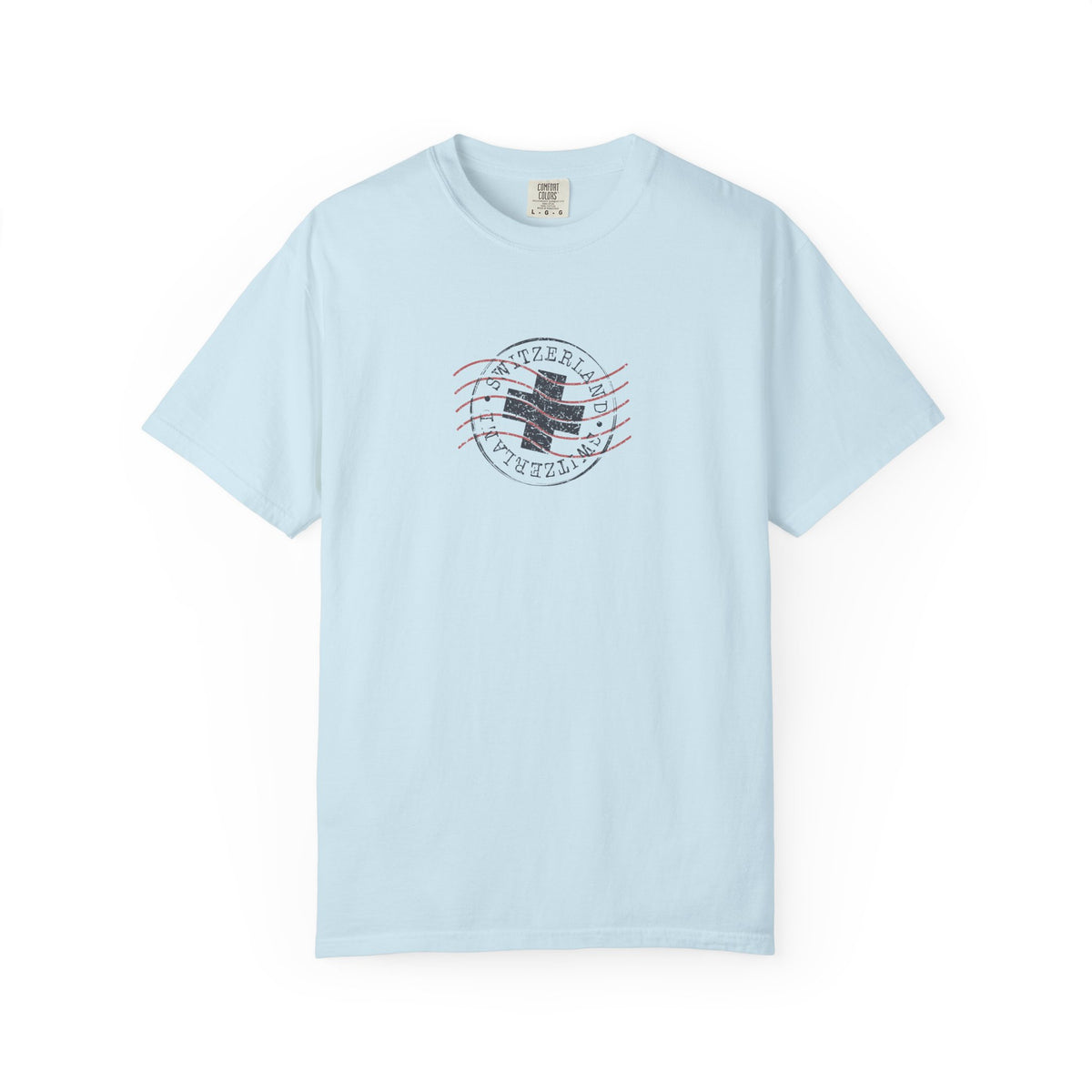 Light blue vintage postal stamp graphic t-shirt
