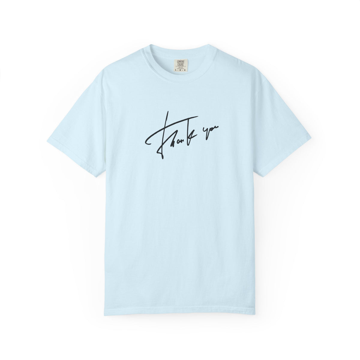 A light blue short-sleeve crewneck t-shirt with a black cursive 'thank you' graphic printed on the chest, displayed against a solid white background.