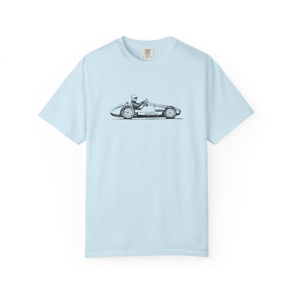 Light blue vintage racing car graphic t-shirt