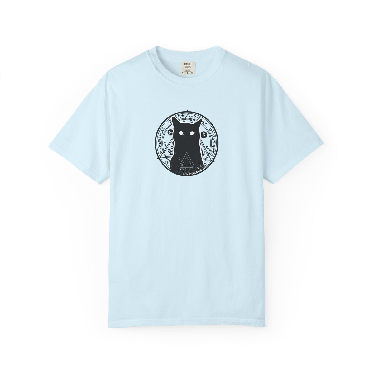 A light blue short-sleeve crewneck t-shirt featuring a black circular graphic of a cat with a pentagram design on the chest, displayed against a clean white background.