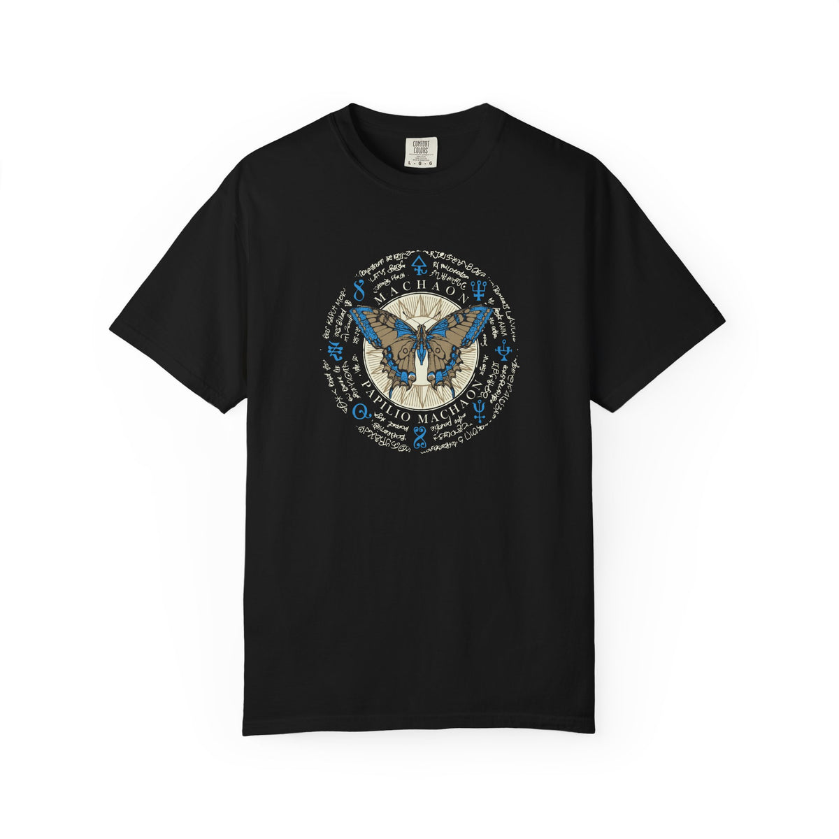 Black t-shirt with mountain graphic and text on a white background