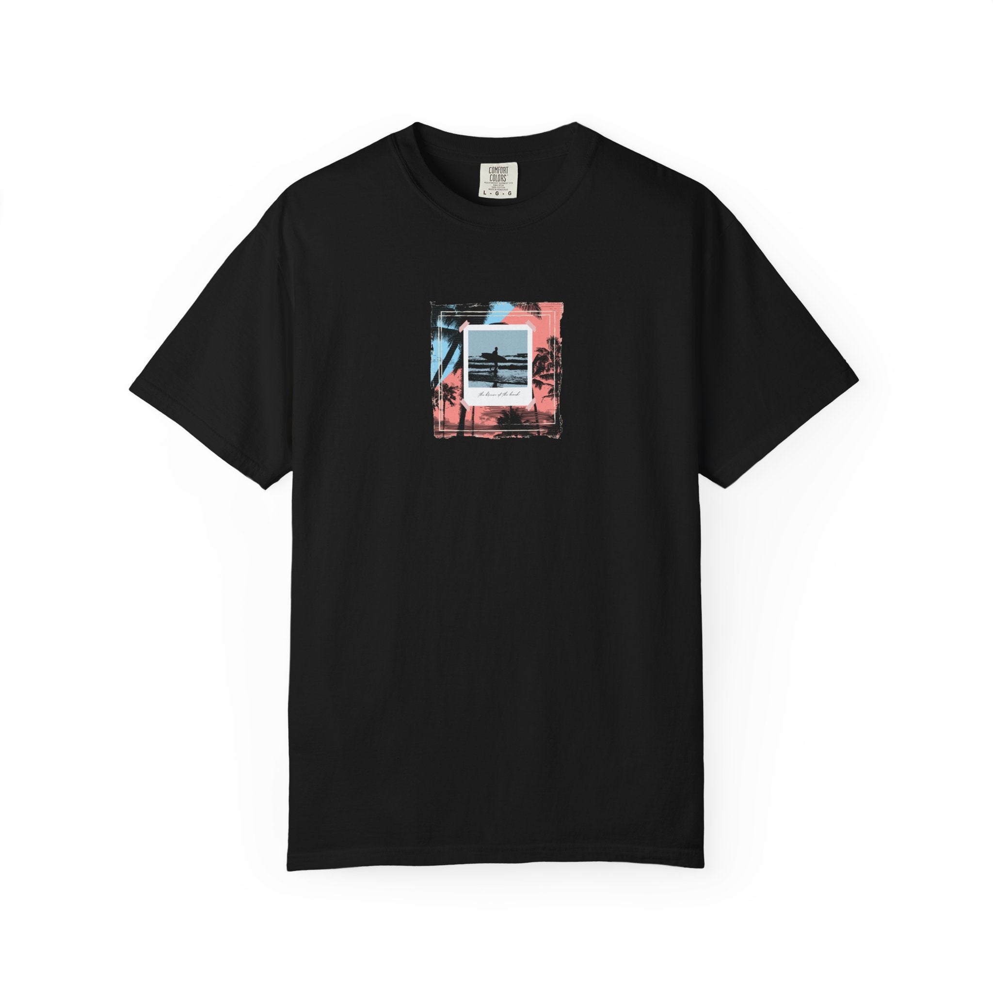Black retro palm beach sunset graphic t-shirt