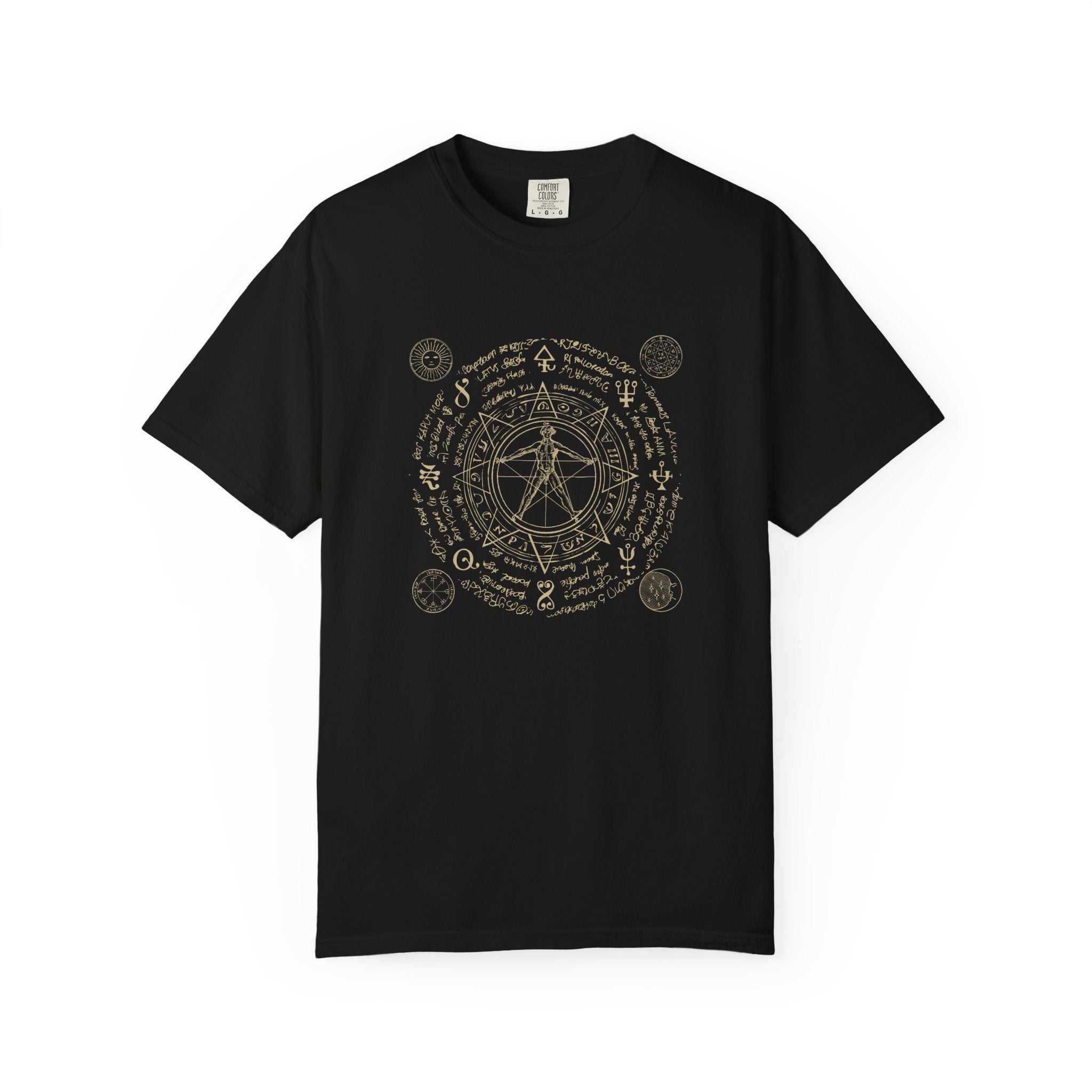 Black sacred geometry graphic t-shirt