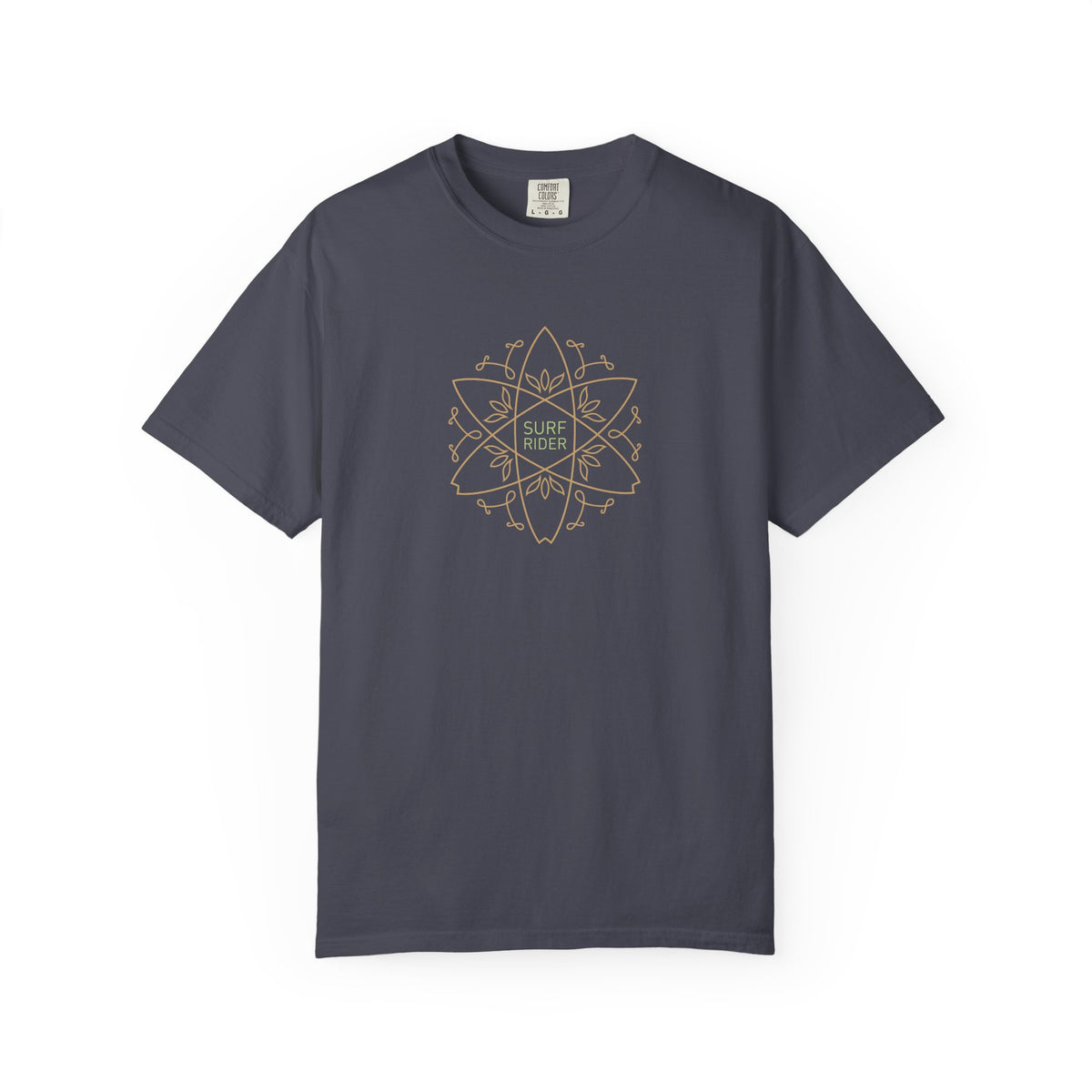 blur gray t-shirt with gold graphic design on a white background