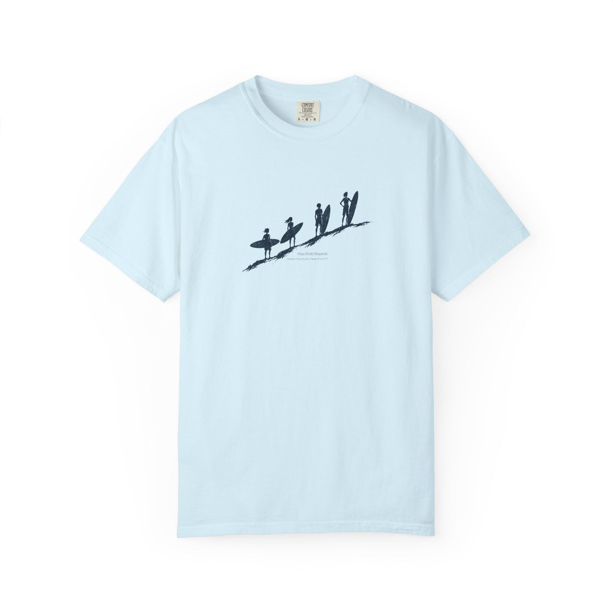 A light blue short-sleeve crewneck t-shirt featuring a black graphic print of surfers in an evolution-style sequence on the chest, displayed against a clean white background.