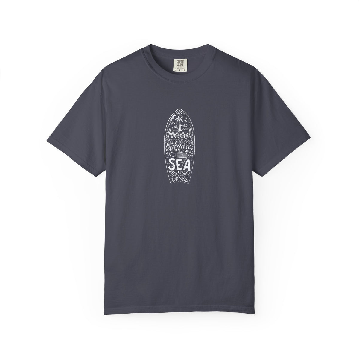 grey t-shirt with surf graphic and text on a white background