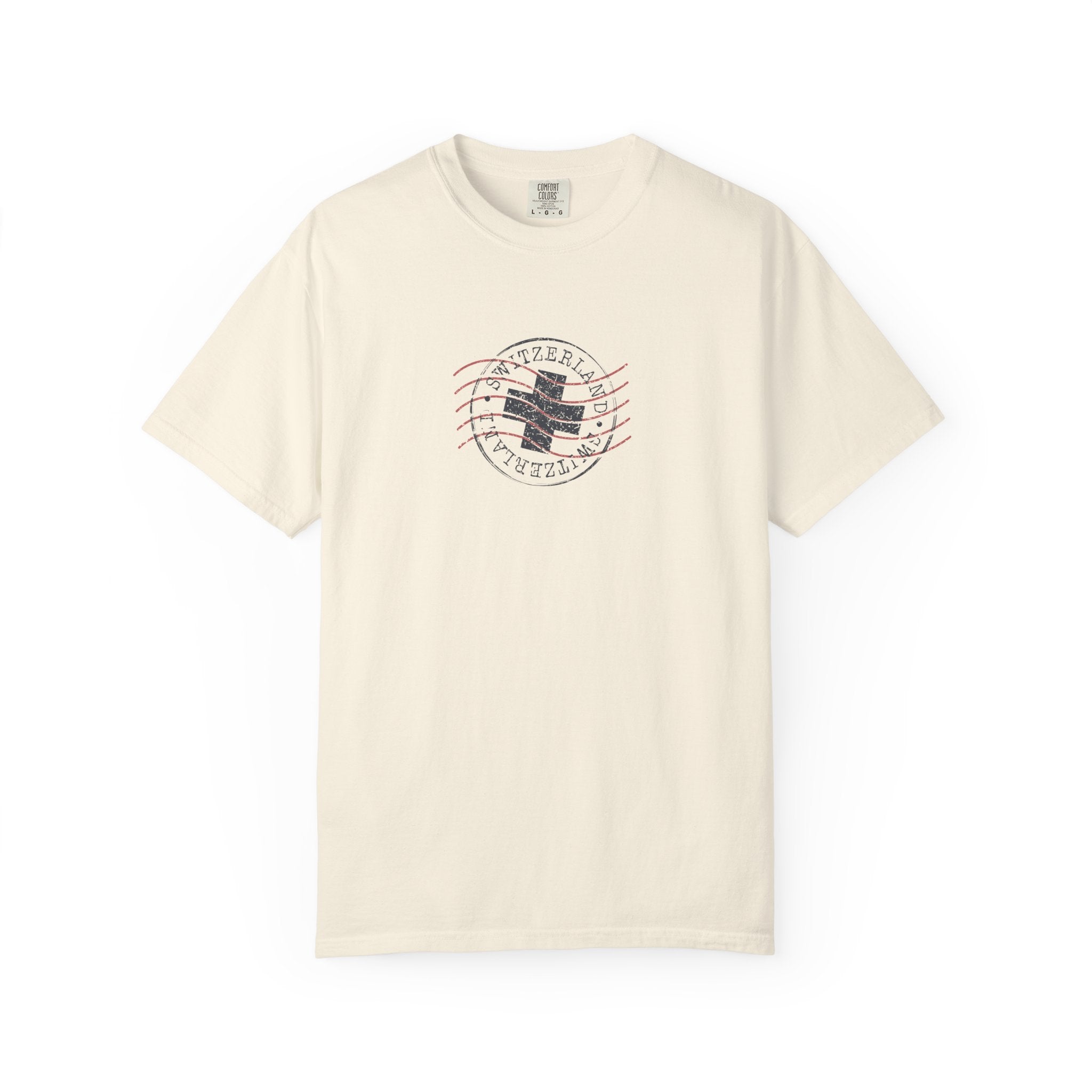 Beige vintage postal stamp graphic t-shirt