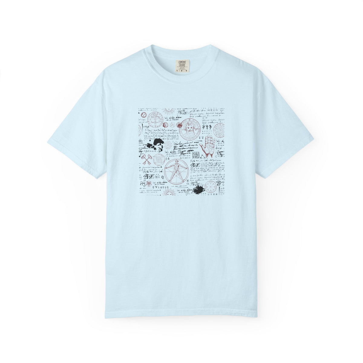 A light blue short-sleeve crewneck t-shirt featuring a central graphic print of mathematical formulas, equations, and doodles in black, red, and blue, displayed against a plain white background.