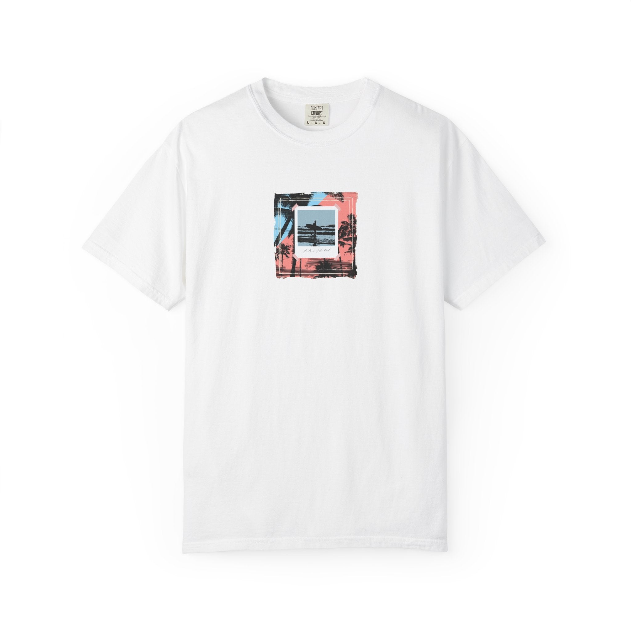 White retro palm beach sunset graphic t-shirt