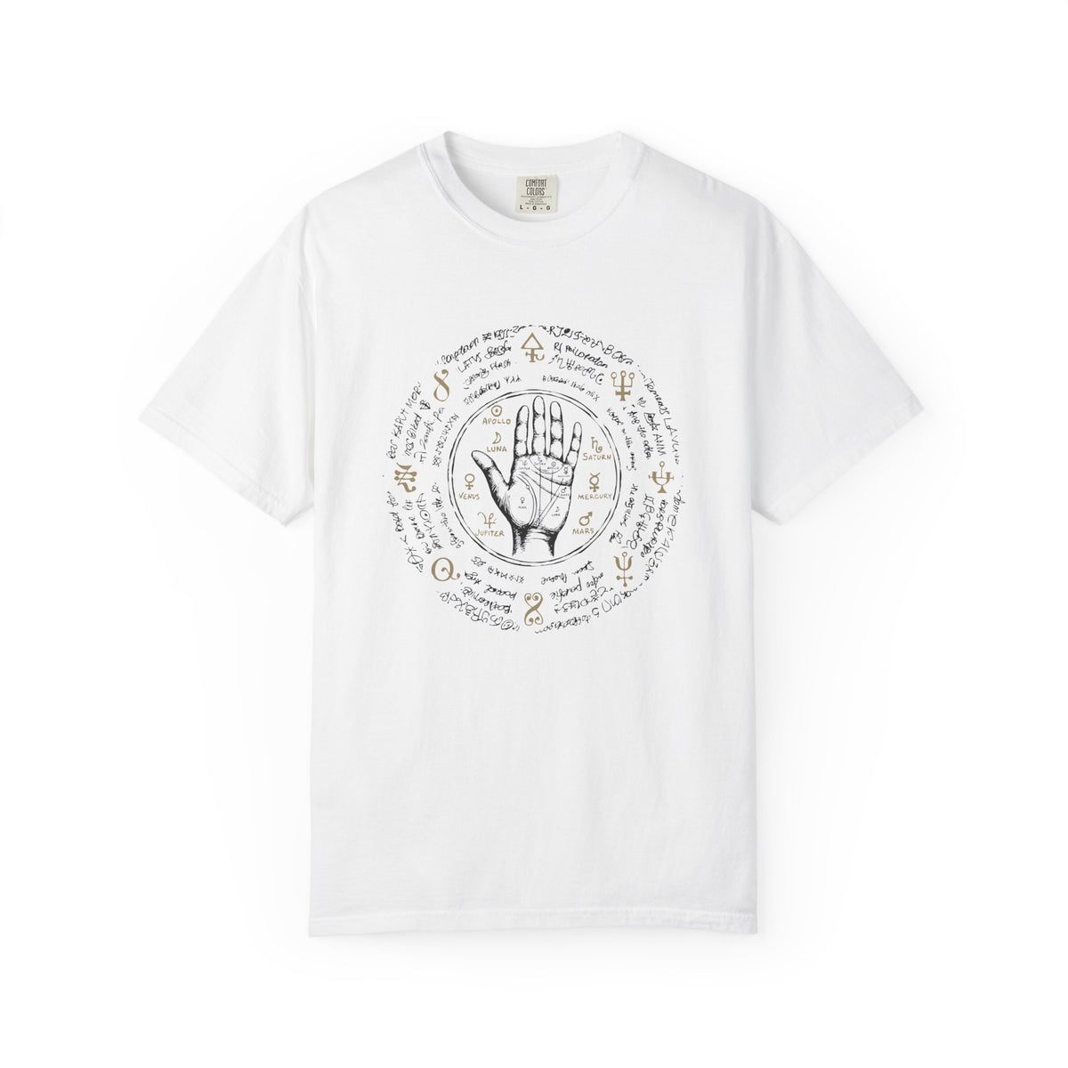 White t-shirt with a black ship's wheel design on a white background