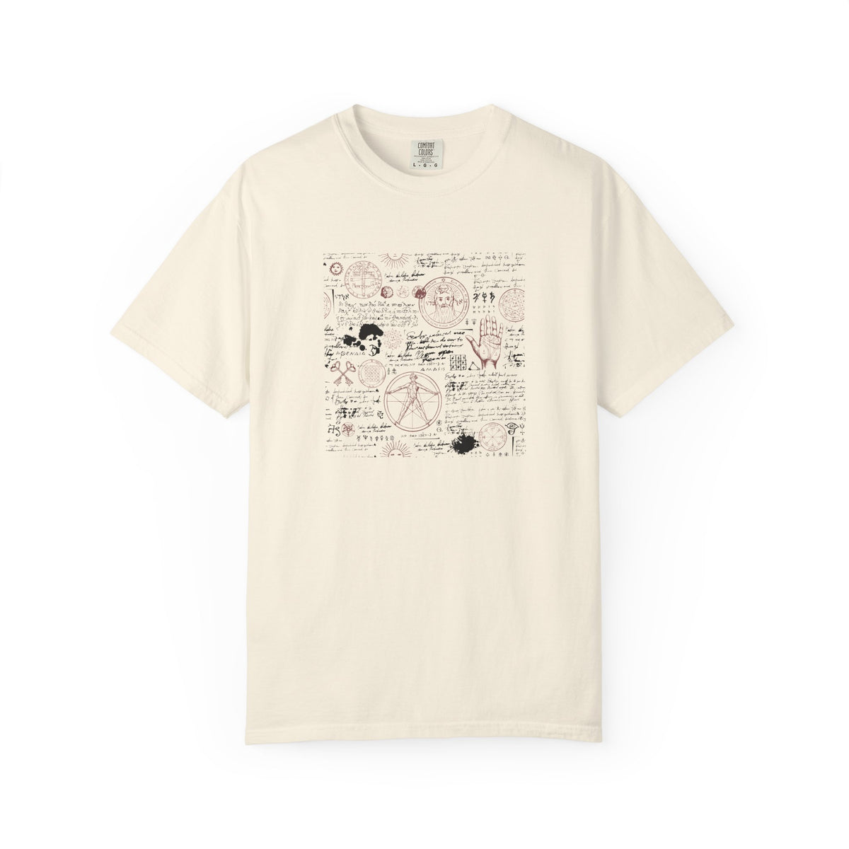 An off-white short-sleeve crewneck t-shirt featuring a central graphic print of vintage-style mathematical equations, formulas, and doodles in black and muted pink.