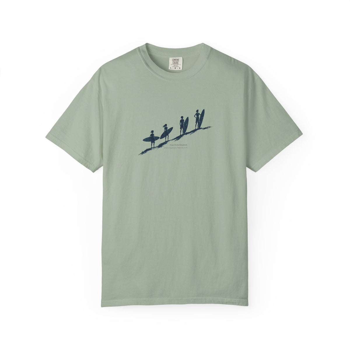 A sage green short-sleeve crewneck t-shirt featuring a dark navy blue graphic of surfers on a beach across the chest, displayed on a clean white background.