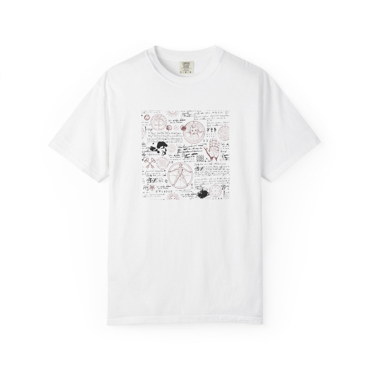 A white short-sleeve crewneck t-shirt featuring a central graphic print with black and red occult-style symbols, diagrams, and handwritten text.