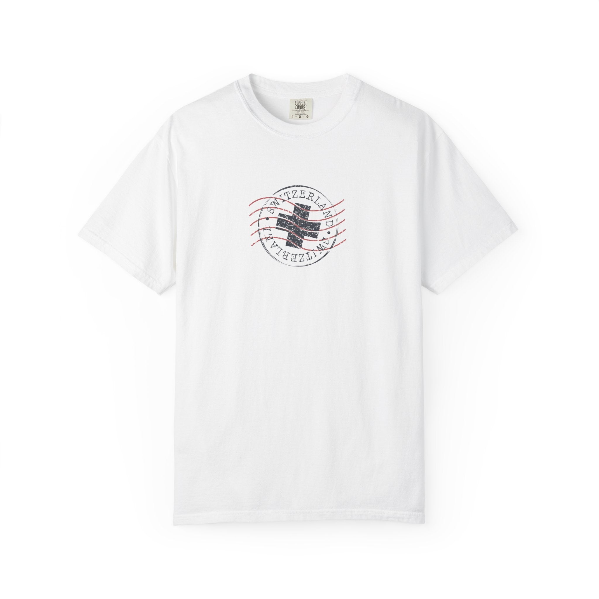White vintage postal stamp graphic t-shirt