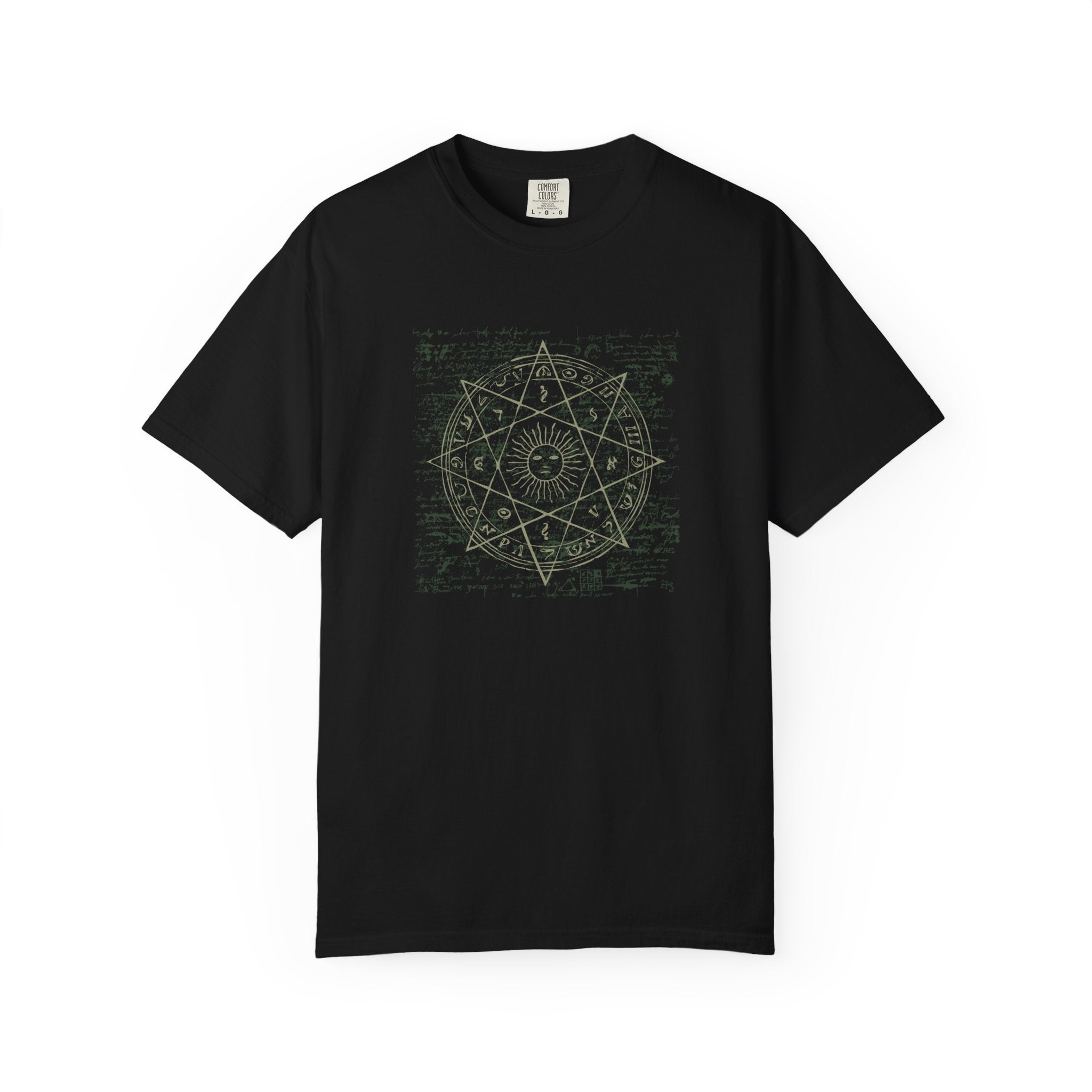 Black sacred geometry star graphic t-shirt
