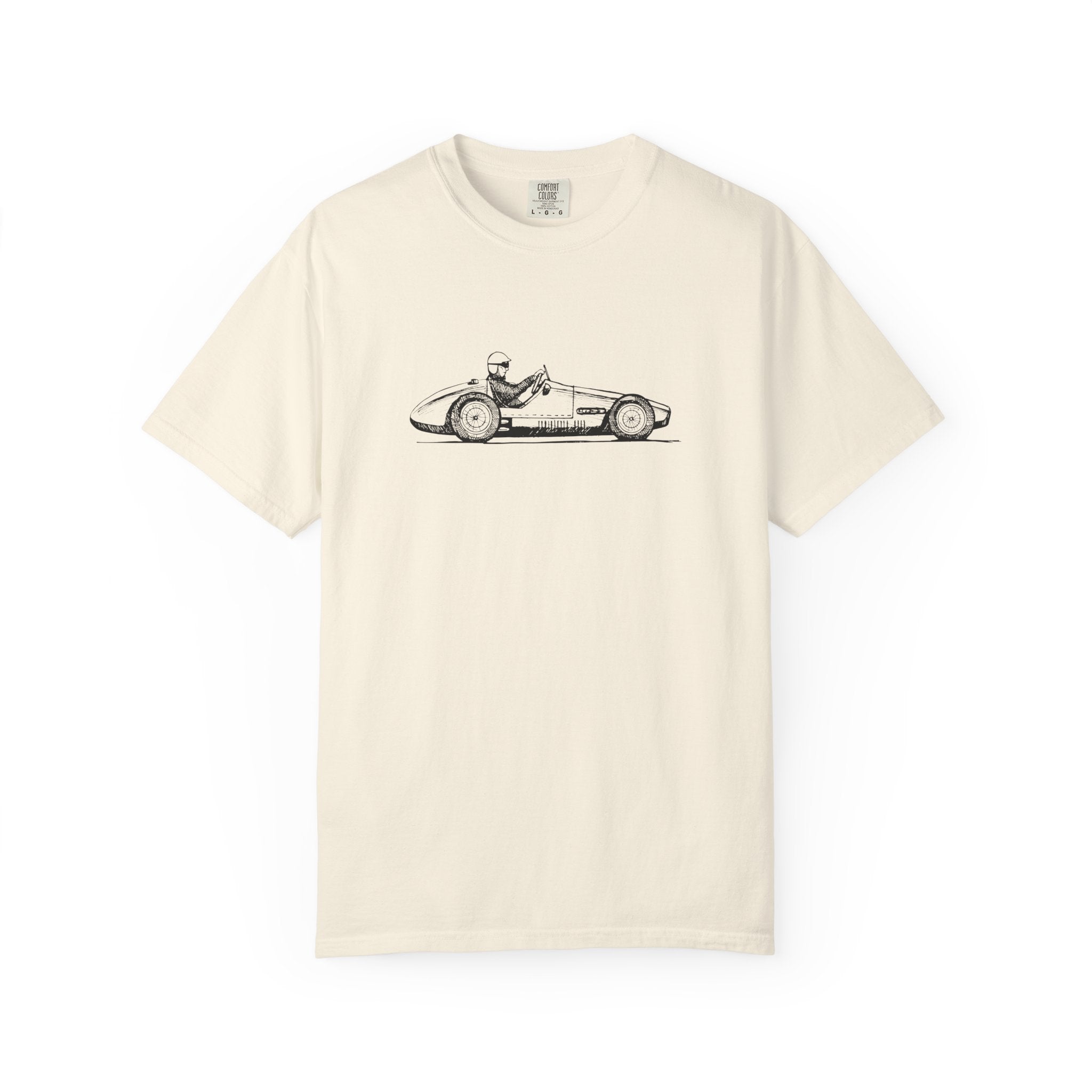 Beige vintage racing car graphic t-shirt