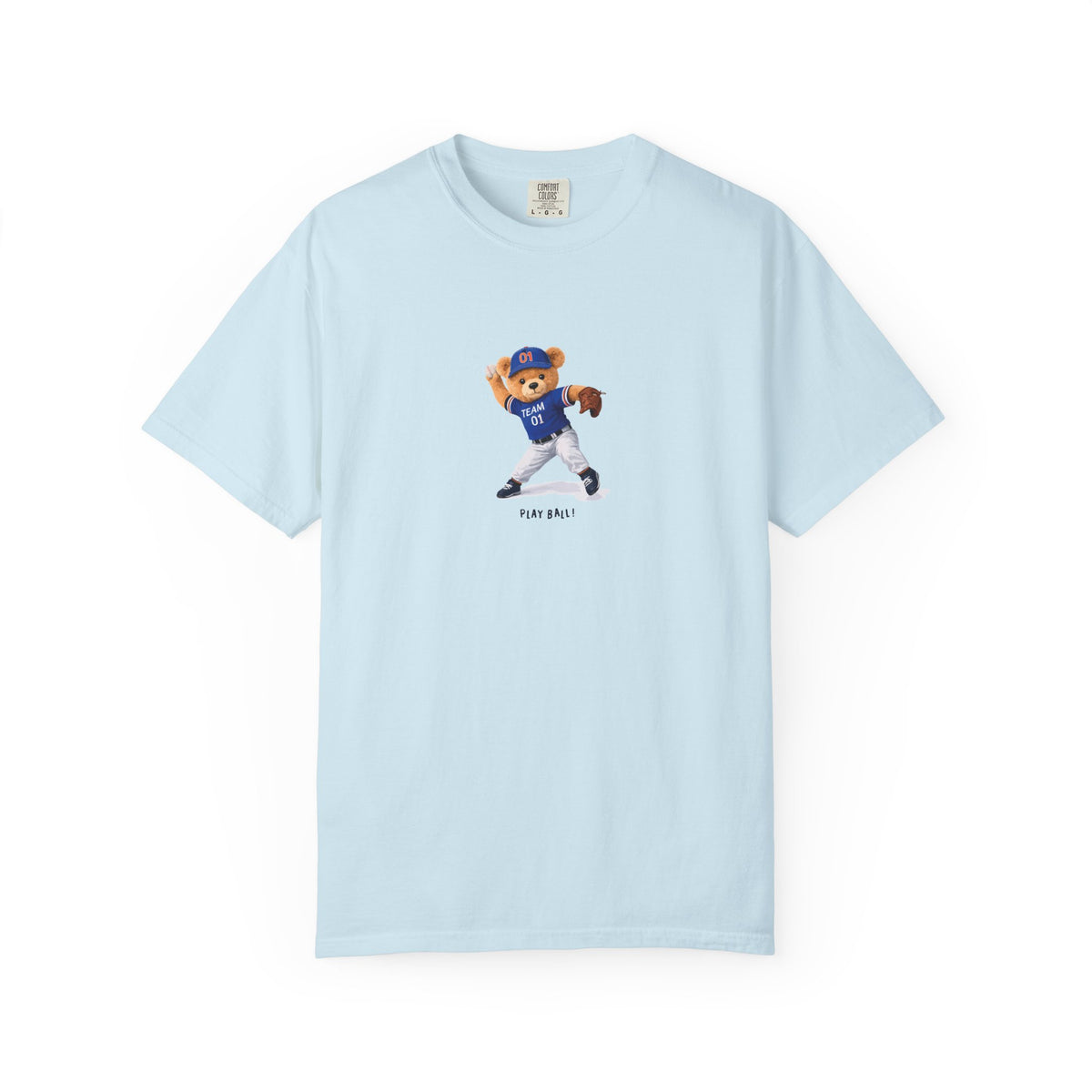 Light blue baseball mascot pitcher graphic t-shirt