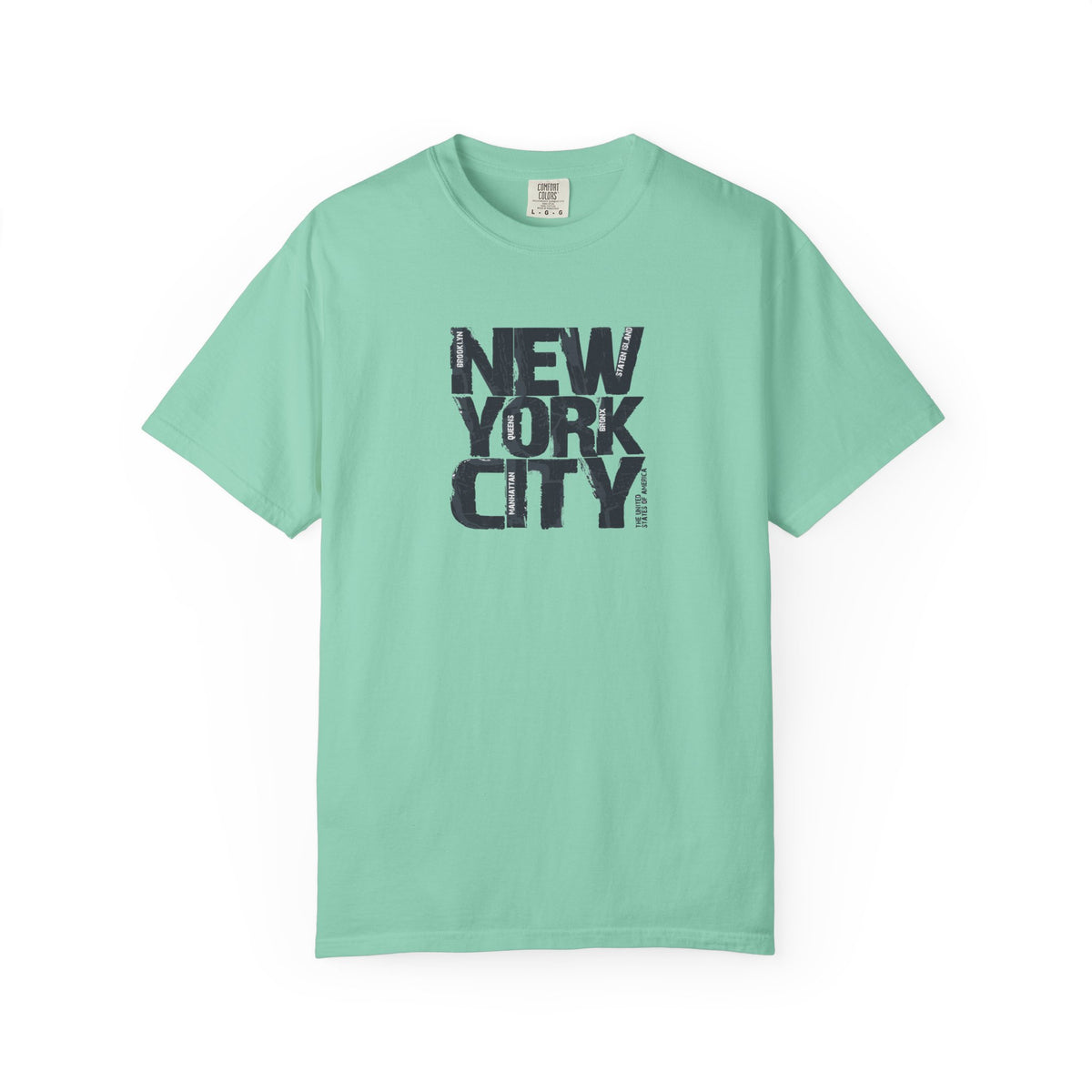 Mint green t-shirt with 'New York City' text on a white background